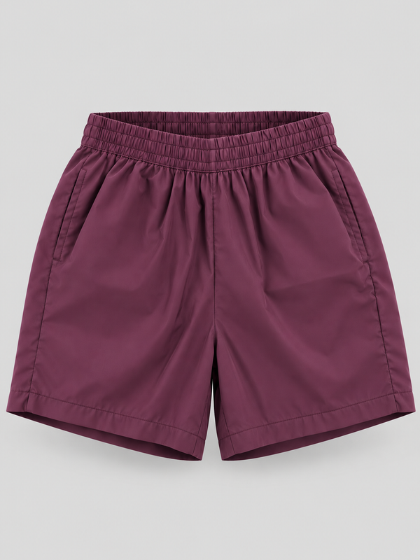 A pair of shorts in a plum purple color, featuring an elastic waistband and side pockets, laid flat on a light gray background.