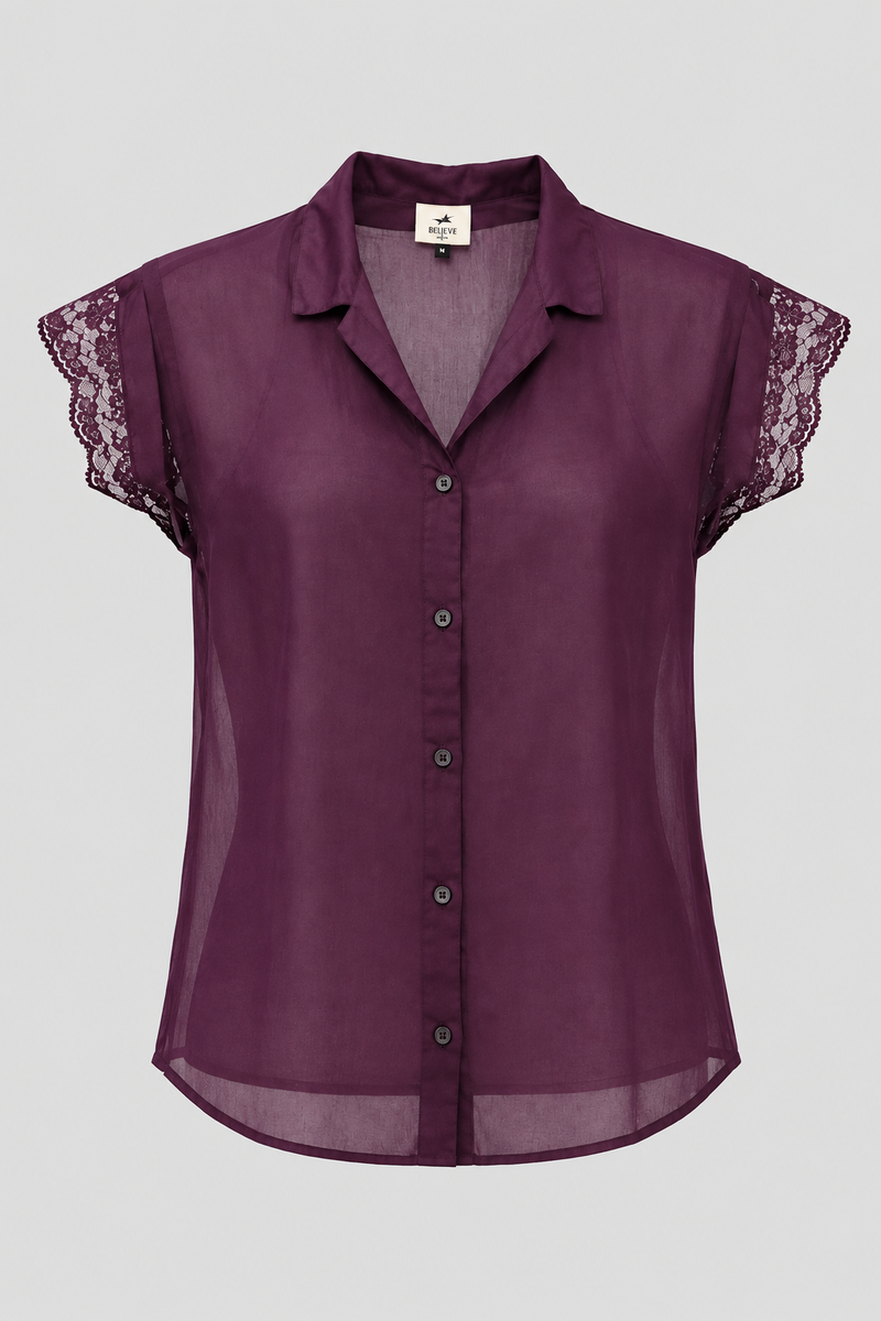 A sheer, semi-transparent purple button-up blouse with short lace flutter sleeves, displayed on a neutral gray background.