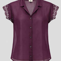 A sheer, semi-transparent purple button-up blouse with short lace flutter sleeves, displayed on a neutral gray background.