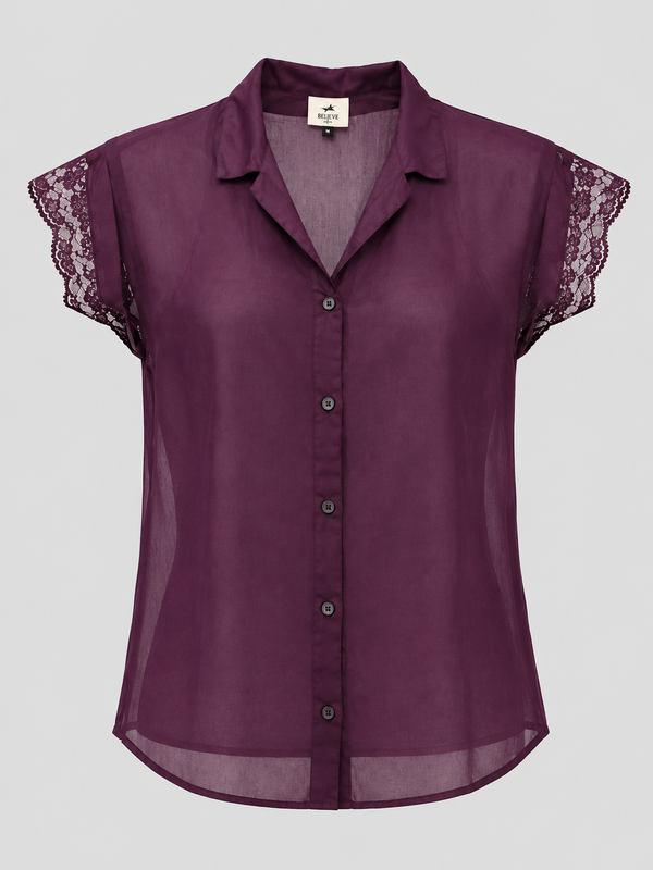 A sheer, semi-transparent purple button-up blouse with short lace flutter sleeves, displayed on a neutral gray background.