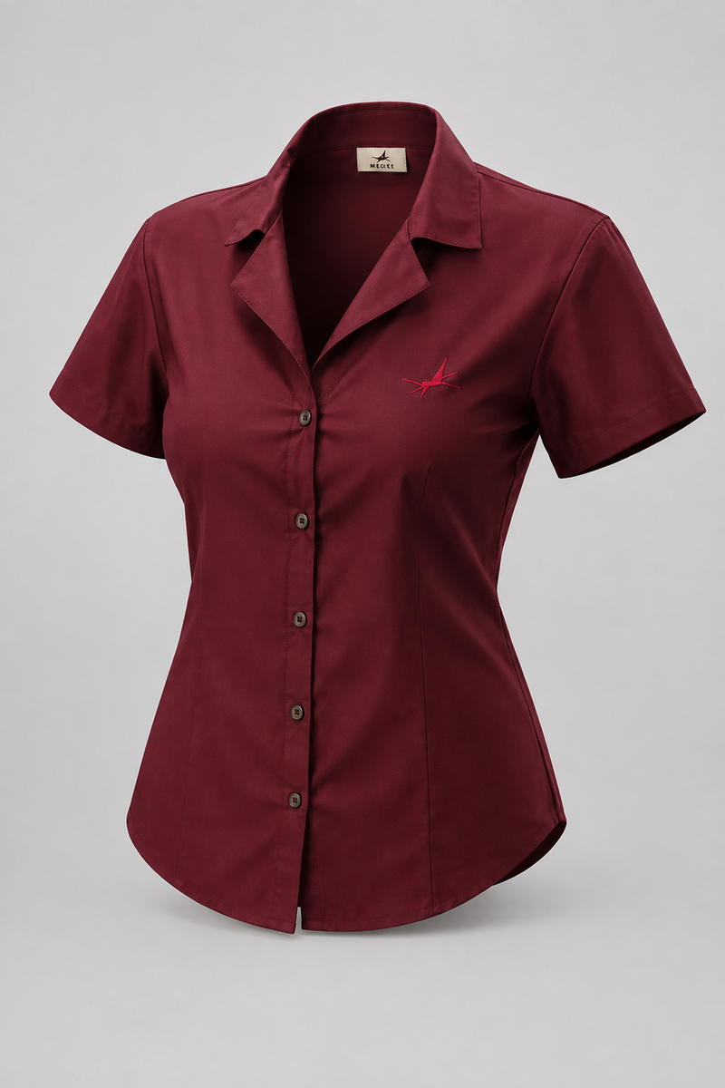 A short-sleeve button-up shirt in deep burgundy, featuring a structured collar, dark buttons, and a small red embroidered bird logo on the left chest, displayed on a neutral gray background.