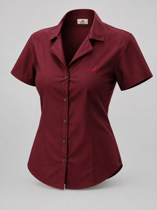 A short-sleeve button-up shirt in deep burgundy, featuring a structured collar, dark buttons, and a small red embroidered bird logo on the left chest, displayed on a neutral gray background.