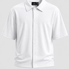 A white short-sleeve shirt with a button-down front, displayed on a neutral light grey background.