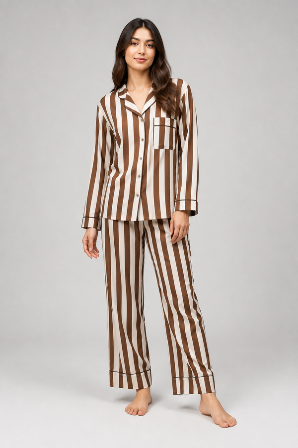 A woman modelling a two-piece pajama set with vertical brown and cream stripes, standing against a neutral light gray studio background.