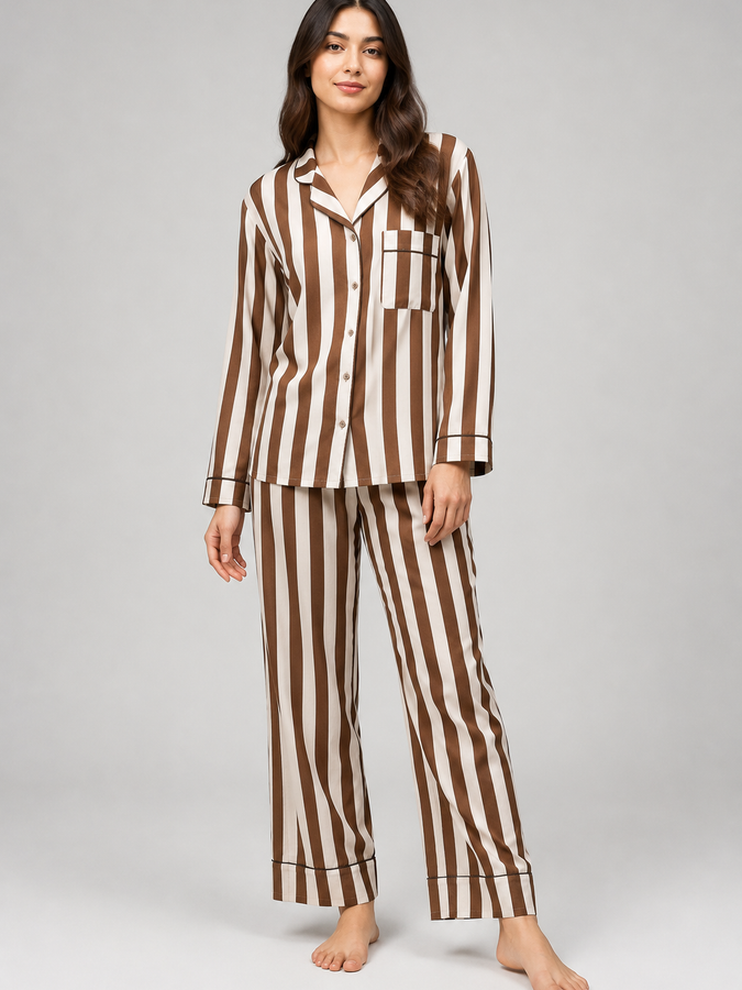 A woman modelling a two-piece pajama set with vertical brown and cream stripes, standing against a neutral light gray studio background.