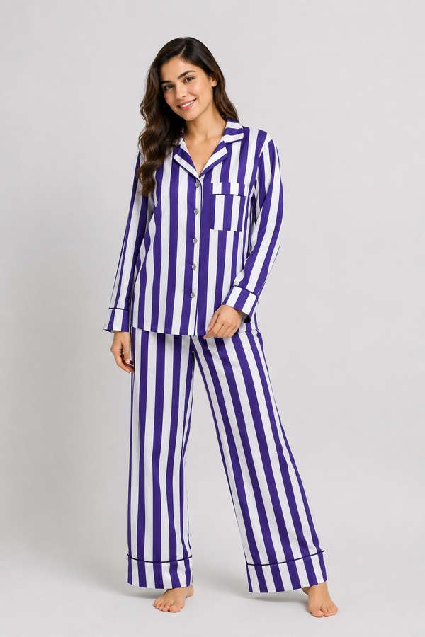 A woman modelling a two-piece pajama set with vertical purple and white stripes, standing against a light gray studio background.