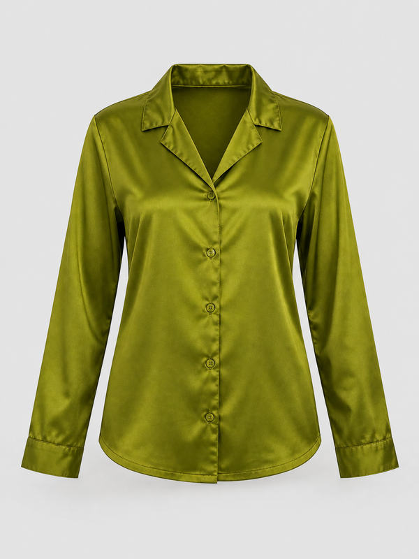 An olive green satin long-sleeve button-up shirt with a pointed collar, displayed on a neutral light gray background.