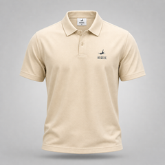 Beige polo shirt with a brand logo on a gray background