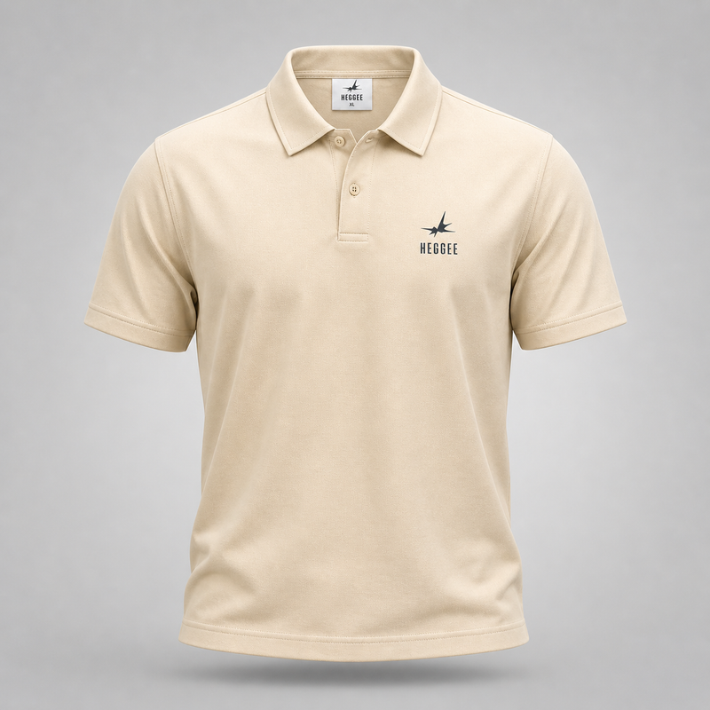 Beige polo shirt with a brand logo on a gray background