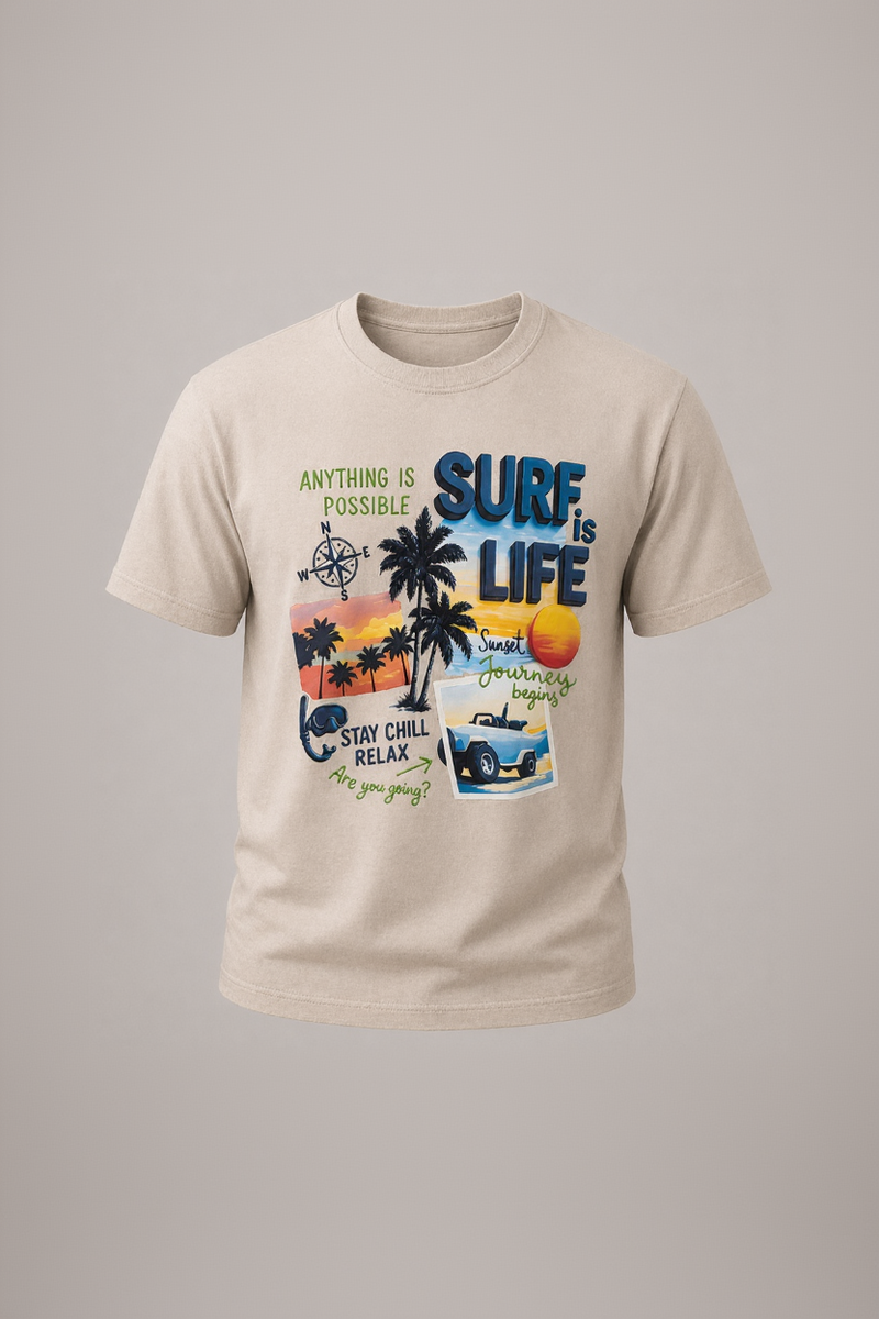 Beige t-shirt with 'Surf is Life' graphic design featuring palm trees and beach elements on a gray background.