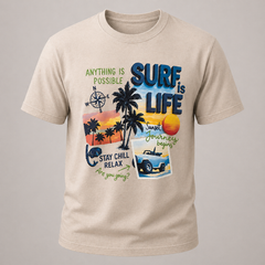 Beige t-shirt with 'Surf is Life' graphic design featuring palm trees and beach elements on a gray background.