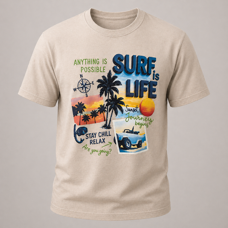 Beige t-shirt with 'Surf is Life' graphic design featuring palm trees and beach elements on a gray background.
