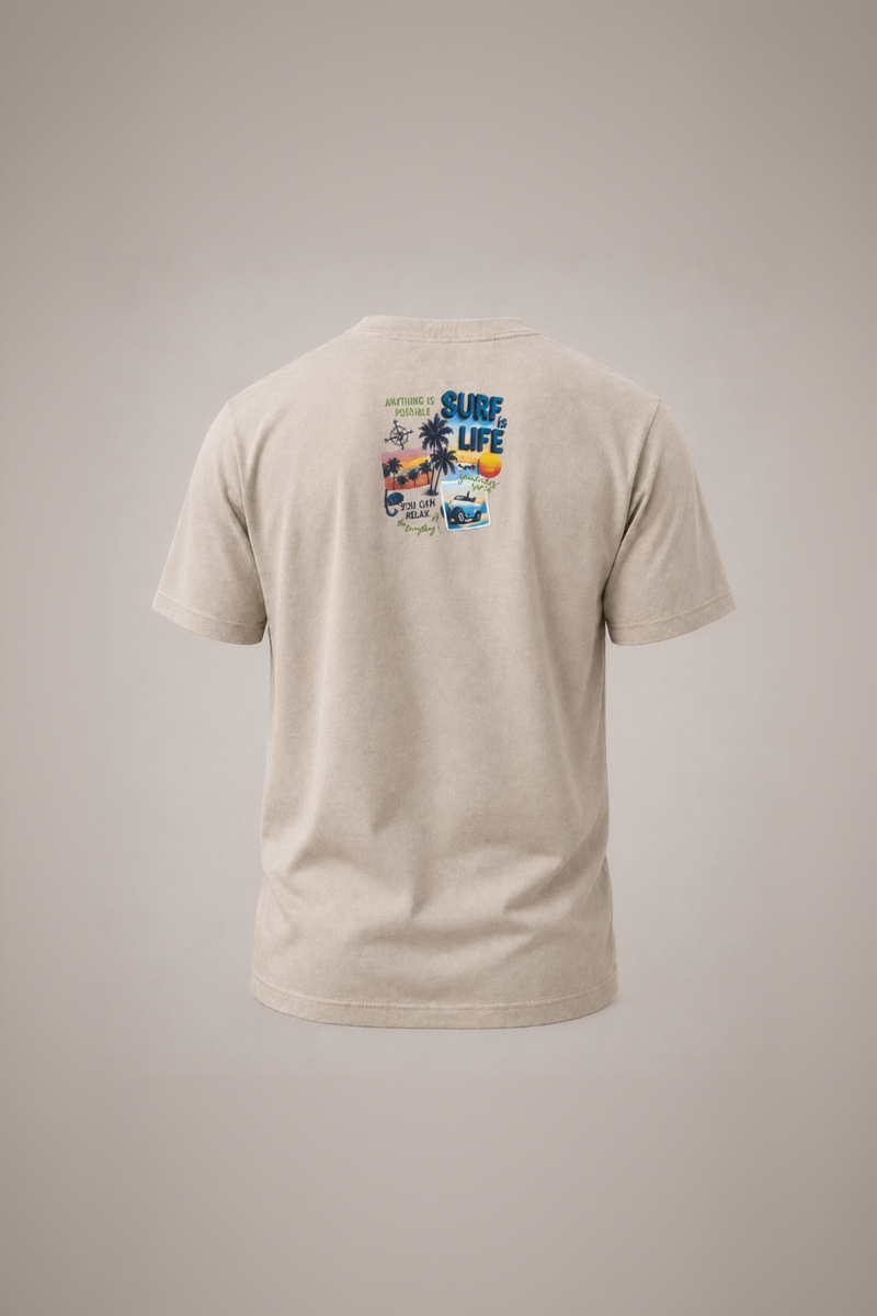Beige t-shirt with a colorful graphic on the back against a gray background