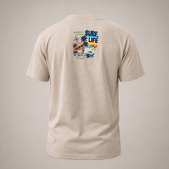Beige t-shirt with a colorful graphic on the back against a gray background