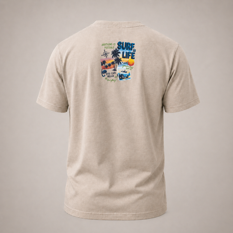 Beige t-shirt with a colorful graphic on the back against a gray background