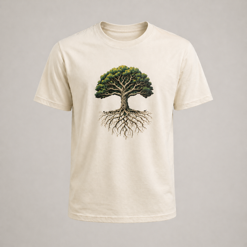 Beige t-shirt with a tree design on a gray background