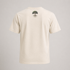 Beige t-shirt with a tree design on the back against a gray background