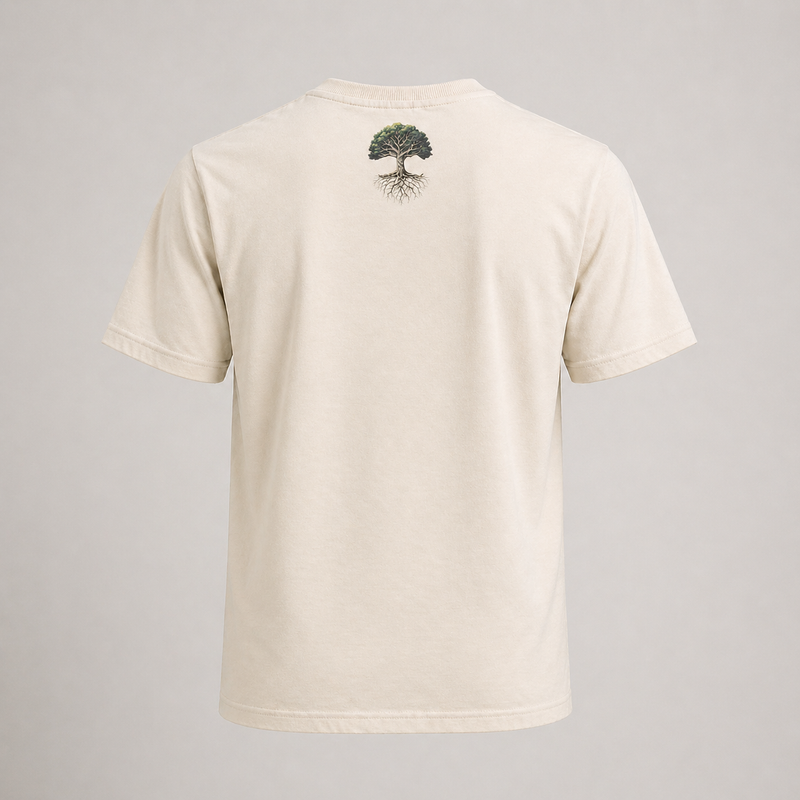 Beige t-shirt with a tree design on the back against a gray background