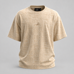 Beige t-shirt with geometric pattern on a gray background