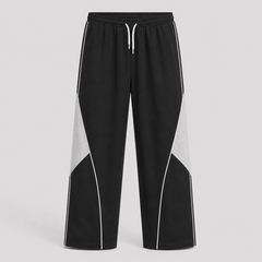 Black and gray pants with white accents on a light gray background