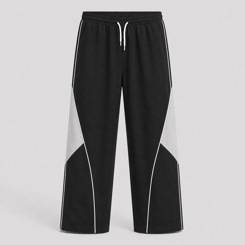 Black and gray pants with white accents on a light gray background