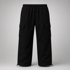 Black cargo pants on a gray background