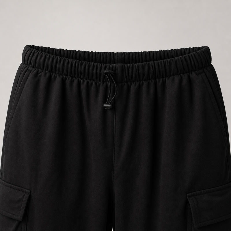 Black cargo pants with an elastic waistband on a light gray background