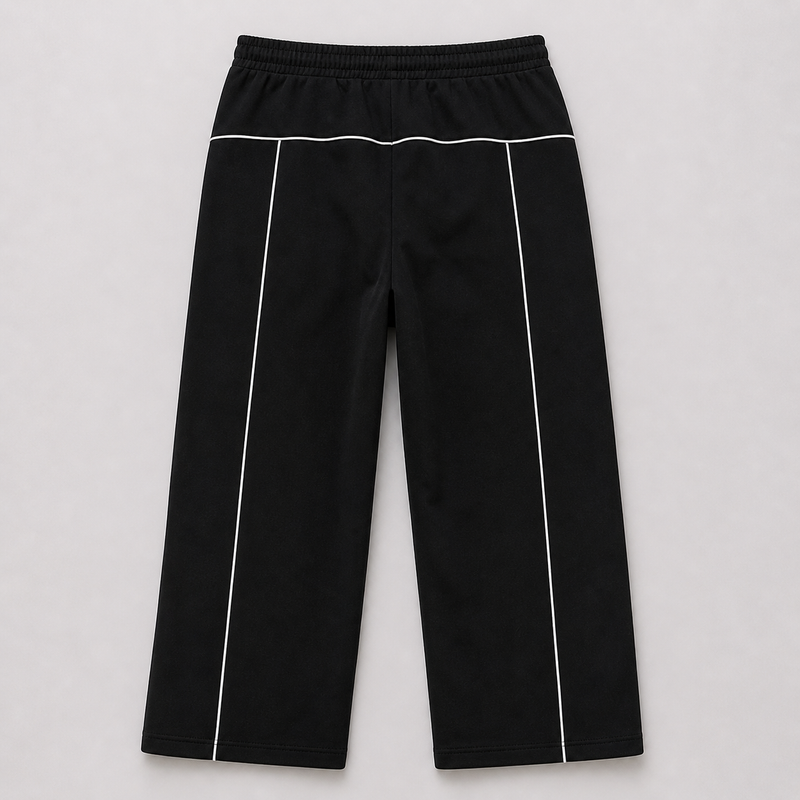 Black pants with white stripes on a light gray background