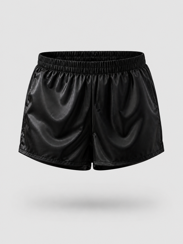 Black satin athletic shorts with an elastic waistband, shown against a light gray background.