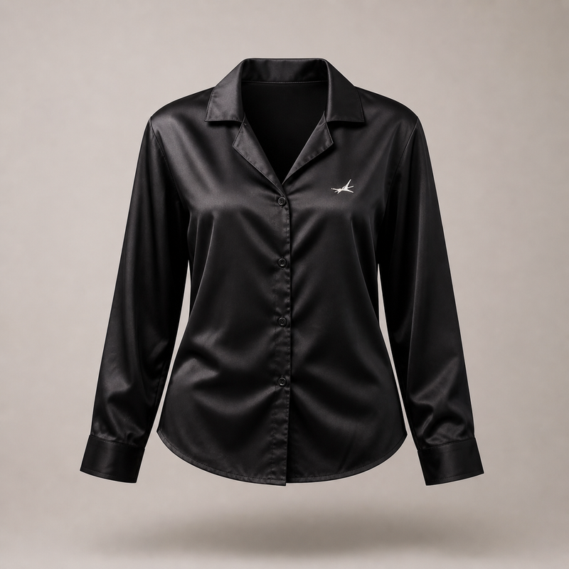 Black satin shirt with a logo on a beige background