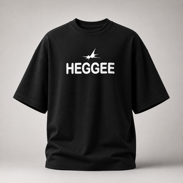 Black t-shirt with 'HEGGEE' logo on a gray background