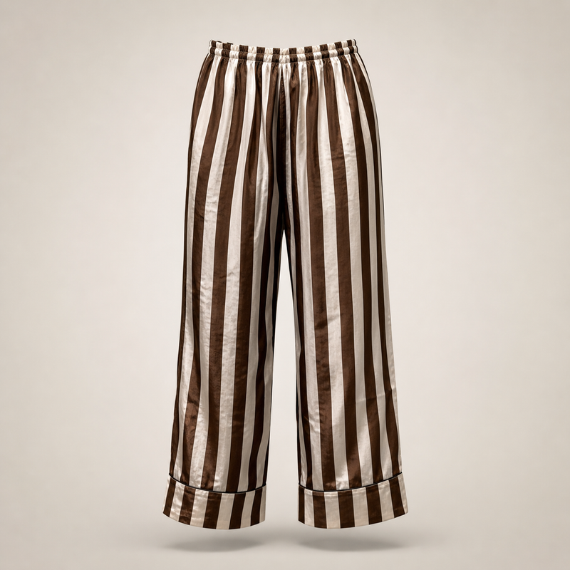 Brown and white striped pants on a beige background