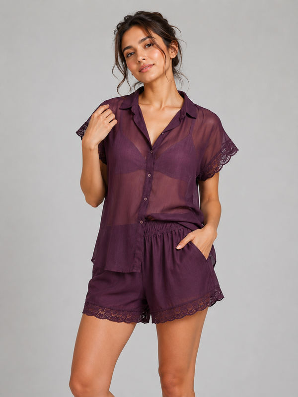 Sheer Lace Shirt & Shorts Set
