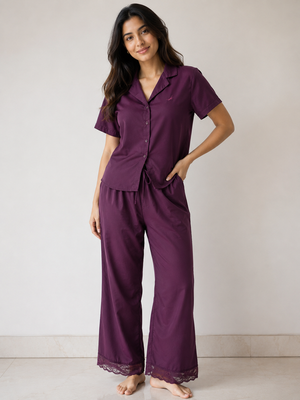 Silky Plum Satin Shirt & Pants