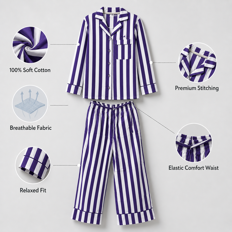 Purple Stripe Cotton Night Suit Set
