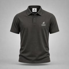 Dark gray polo shirt with 'Heggee' logo on a light gray background