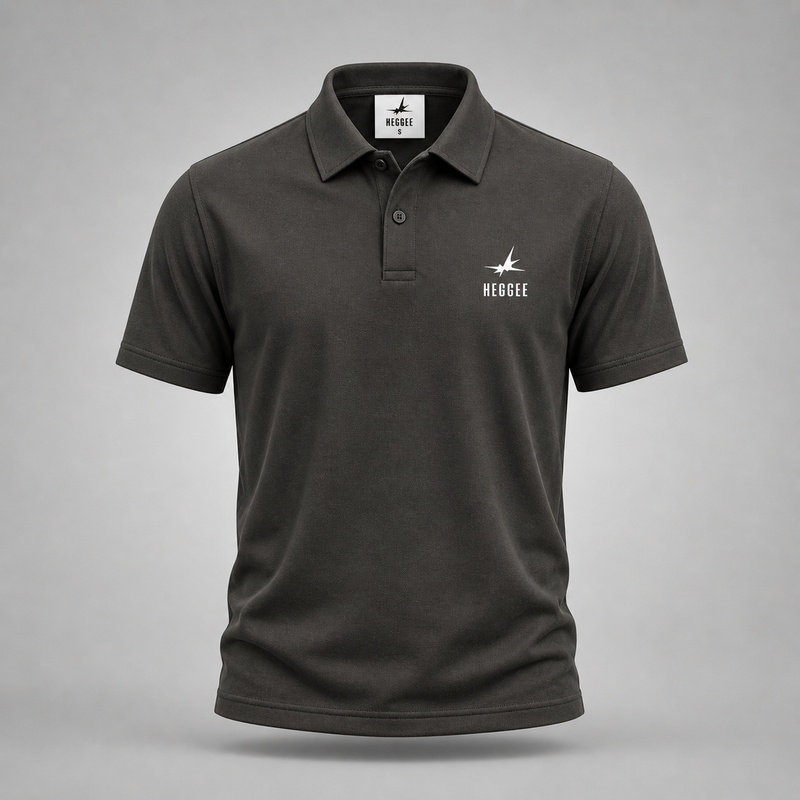 Dark gray polo shirt with 'Heggee' logo on a light gray background