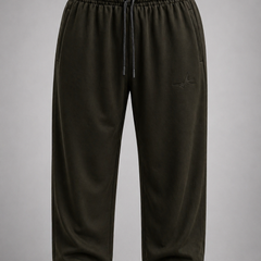 Dark olive sweatpants with a drawstring on a gray background