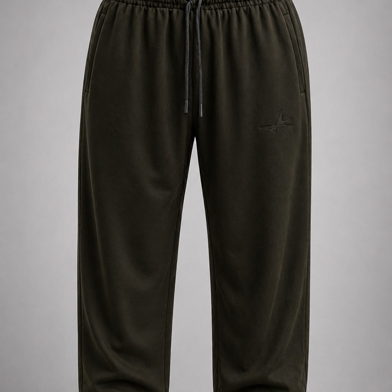 Dark olive sweatpants with a drawstring on a gray background