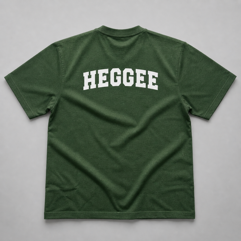 Forest Green V Neck t shirt with 'HEGGEE' printed on back against gray background
