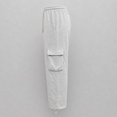 Gray cargo jogger pants on a gray background