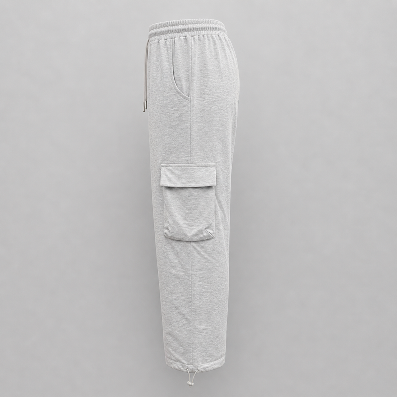 Gray cargo jogger pants on a gray background