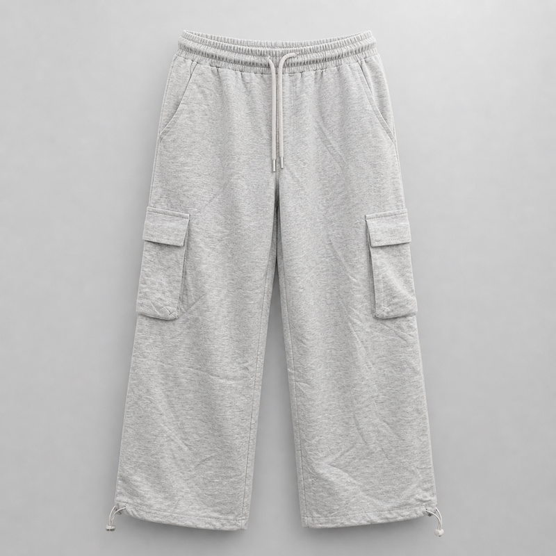 Gray cargo pants on a light gray background