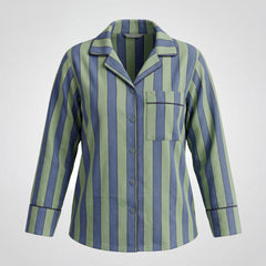 Green and blue striped pajama shirt on a light gray background