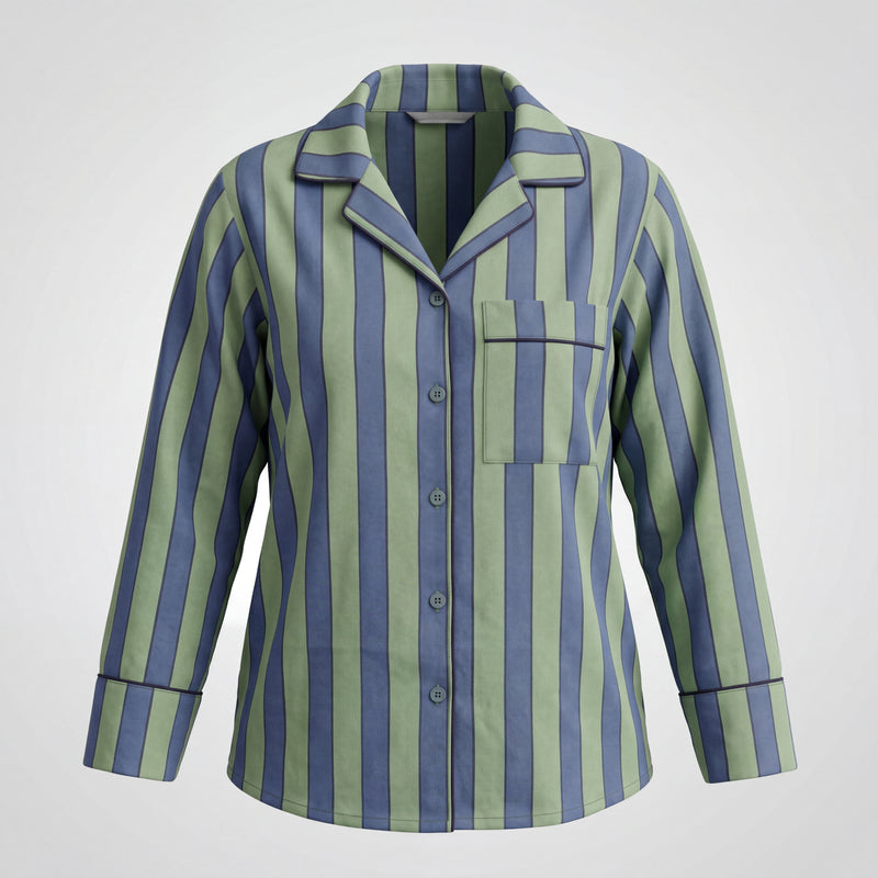 Green and blue striped pajama shirt on a light gray background
