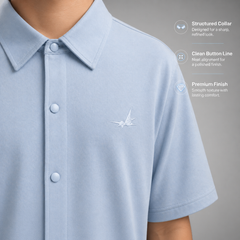 Light blue polo shirt with a logo on a gray background