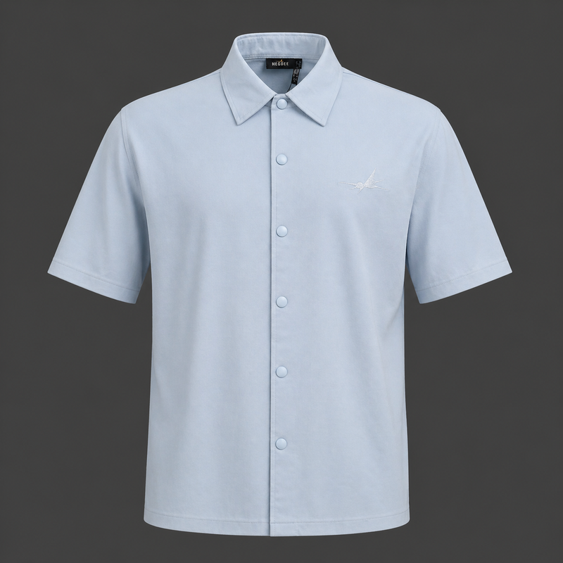 Light blue short-sleeve shirt on a dark gray background