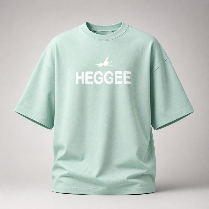 Light green t-shirt with 'HEGGEE' logo on a gray background