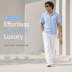 Man in light blue shirt and white pants walking outdoors with 'Effortless Summer Luxury' text overlay.