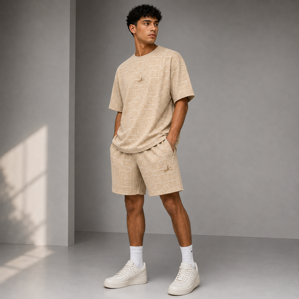 Man wearing a beige t-shirt and shorts set with white sneakers in a studio setting.